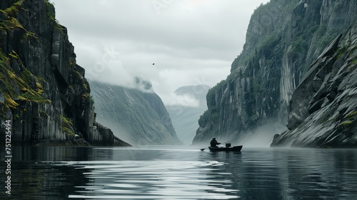 Fishing in the fjords of Norway, with a small boat in the calm waters and towering cliffs on either side
