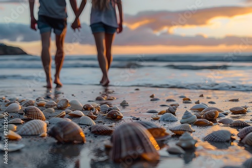Couple Holding Hands on Beach at Sunset in Marine Biology-Inspired Style © vanilnilnilla