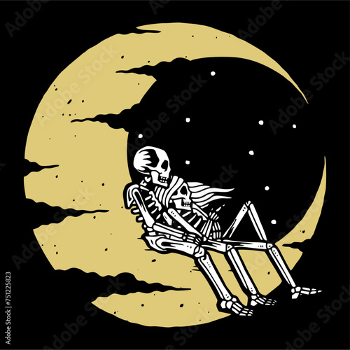 vector illustration artwork of skeleton skull lovers at Crescent moon