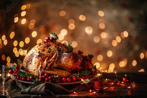 Holiday Glow A Festive Roasted Turkey with Berries and Lights Generative AI