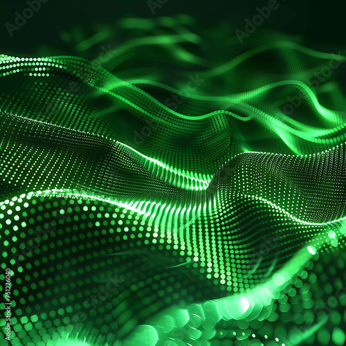  Abstract Technology Particles Mesh Background in Green - Lines and wave with light dots