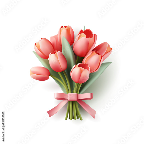Tulip bouquet 3d illustration with pink bow, realistic 3d render illustration, isolated