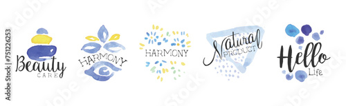 Natural Beauty Cosmetic Product Promo Sign Colorful Vector Set
