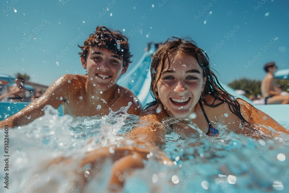 Moment Teen Couple Playing in Water Park