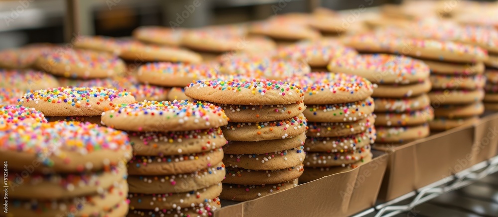 A row of colorful sprinkle-filled sugar cookies stacked neatly on a baking tray, ready for packaging in rustic brown paper boxes. Each cookie is topped with colorful sprinkles, adding a festive touch A row of colorful sprinkle-filled sugar cookies stacked neatly on a baking tray, ready for packaging in rustic brown paper boxes. Each cookie is topped with colorful sprinkles, adding a festive touch