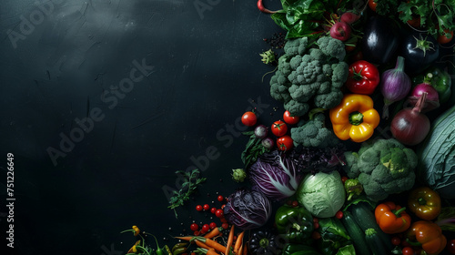 Refresh wonder joy fruits and vegetables organic arrangements on vintage black texture board wood background 