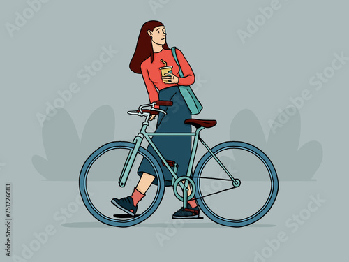 Cartoon female with coffee and bike photo