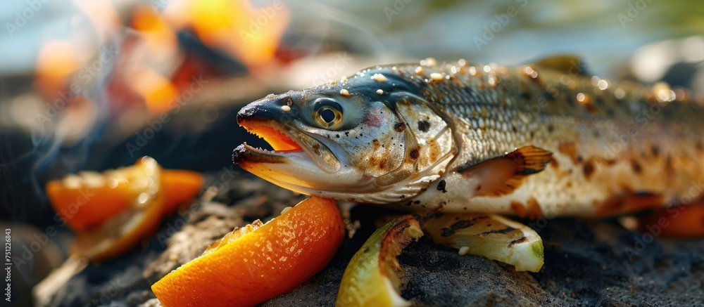 A fish sits atop a pile of food, likely preparing to enjoy a tasty barbecue meal in an outdoor setting. The fish appears to be in a natural habitat, surrounded by various food items. A fish sits atop a pile of food, likely preparing to enjoy a tasty barbecue meal in an outdoor setting. The fish appears to be in a natural habitat, surrounded by various food items.