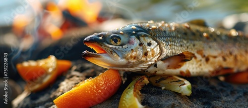 A fish sits atop a pile of food, likely preparing to enjoy a tasty barbecue meal in an outdoor setting. The fish appears to be in a natural habitat, surrounded by various food items.