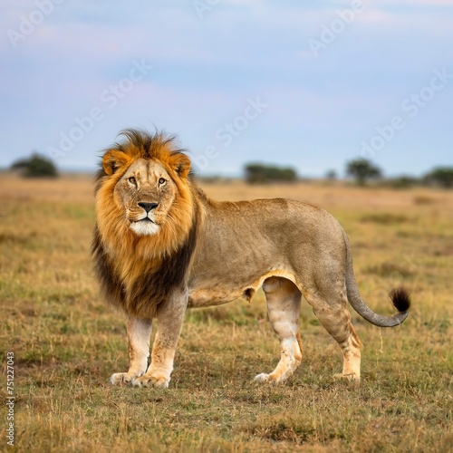 Lion and savannah. The concept of protecting wildlife and planet