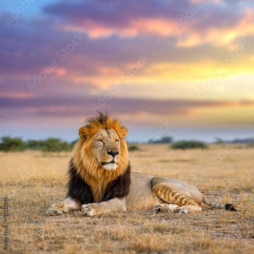Lion and savannah. The concept of protecting wildlife and planet
