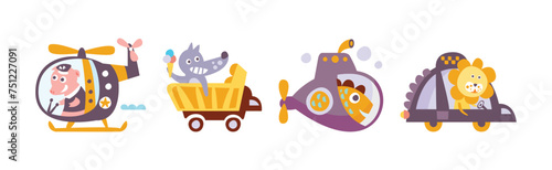Cute Baby Animal Ride Transport Enjoy Journey Vector Set