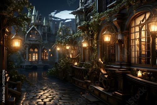 3D rendering of a halloween night scene with a castle