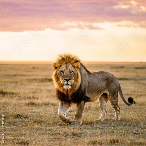 Majestic lion walks on the savannah at sunset