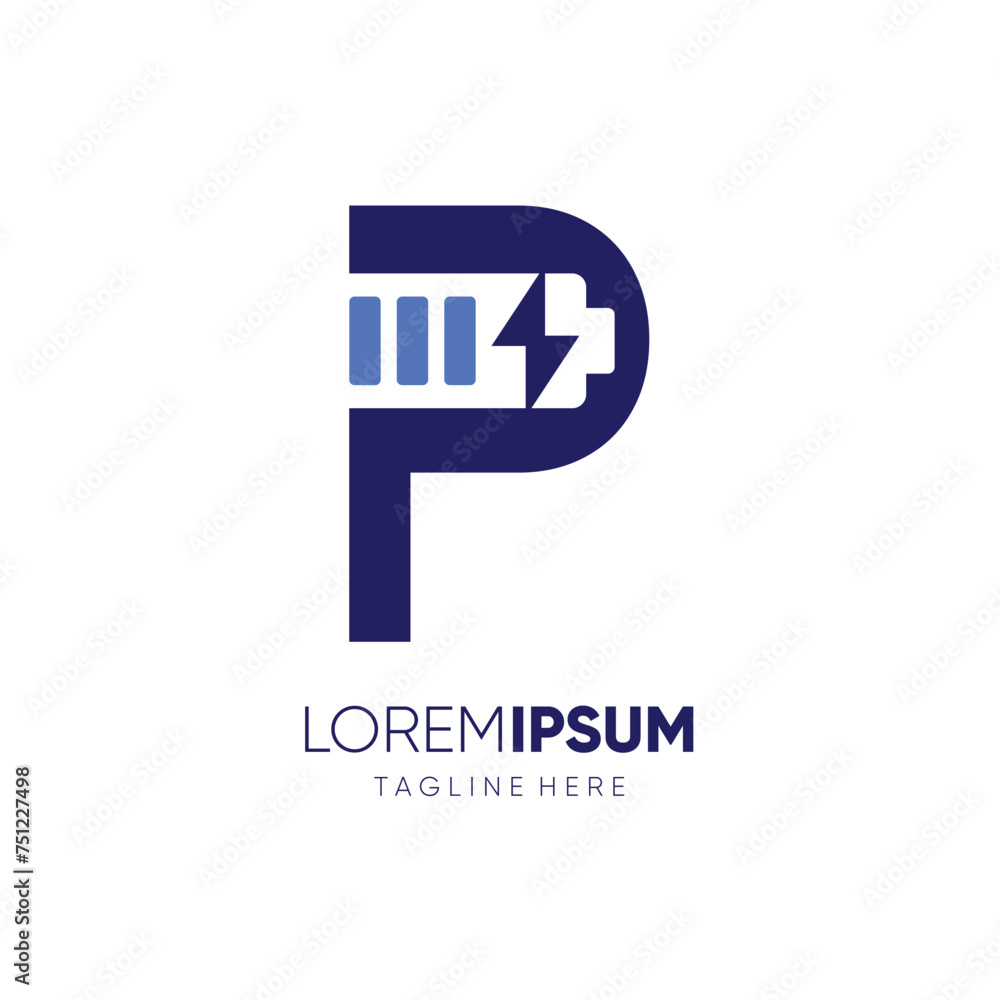 Letter P Battery Logo Design Vector Icon Graphic Emblem Illustration - obrazy, fototapety, plakaty 