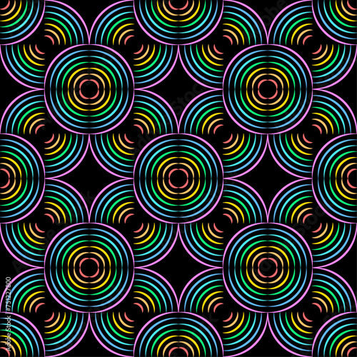 Rainbow lines on a black background, seamless vector pattern, decorative geometric ornament, wallpaper, packaging, textile print.