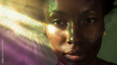 a close-up portrait of diverse woman gazing confidently into the camera, sunlight highlighting her strong facial features