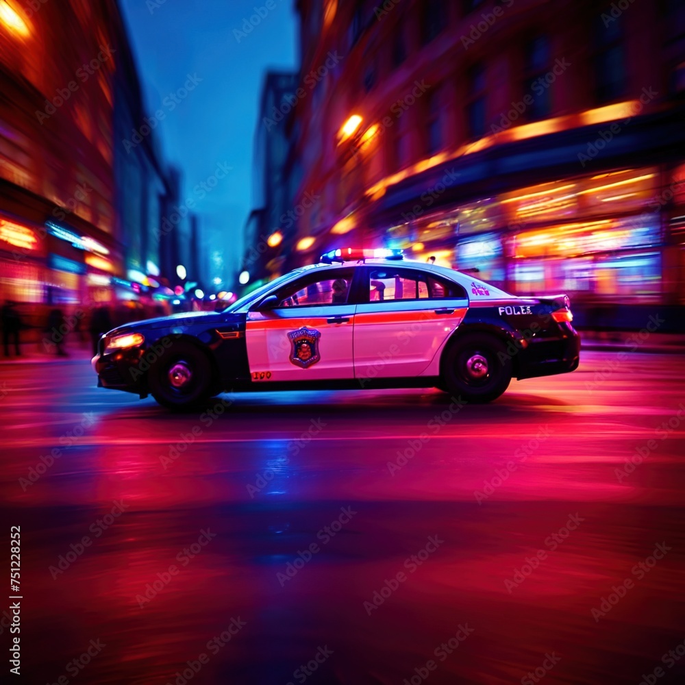 Police car high speed chase, long exposure dynamic motion with light streak
