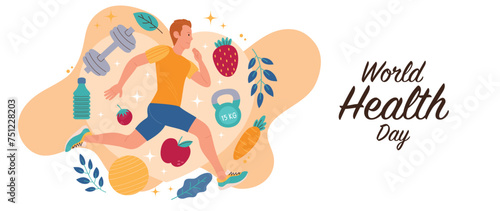 World health day concept, 7 April, background vector. Hand drawn comic doodle style of people working out, exercise, fruit. Design for web, banner, campaign, social media post.