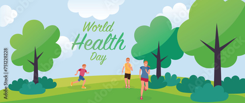 World health day concept, 7 April, background vector. Hand drawn comic doodle style of people working out, exercise. Design for web, banner, campaign, social media post.