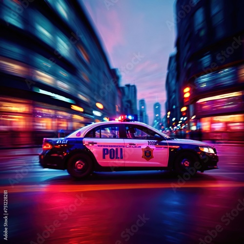 Police car high speed chase, long exposure dynamic motion with light streak