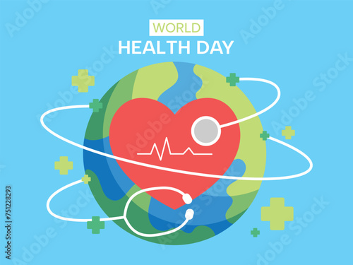 World health day concept, 7 April, background vector. Hand drawn comic doodle style of earth, heart, stethoscope. Design for web, banner, campaign, social media post.