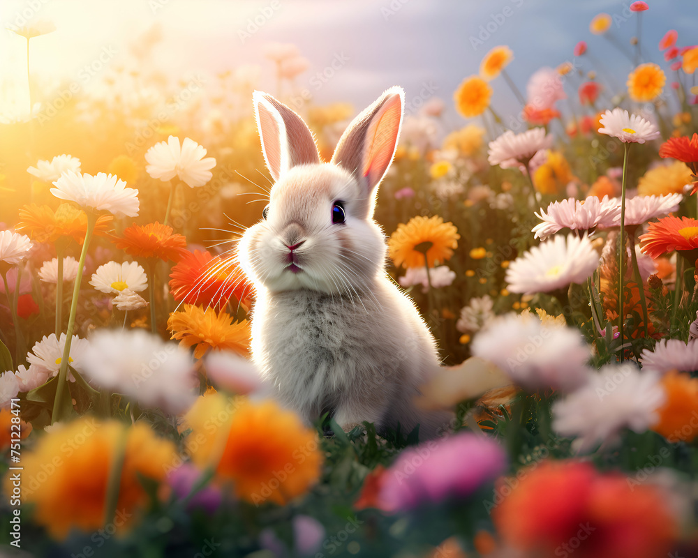 Cute white rabbit in flower meadow at sunset. Easter background Cute white rabbit in flower meadow at sunset. Easter background