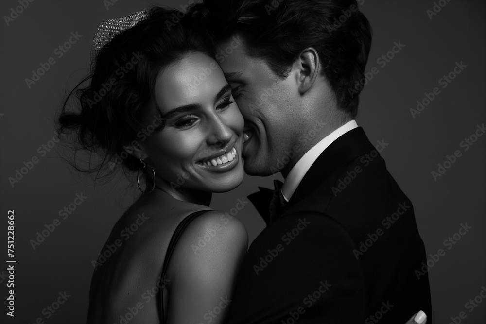A joyful couple in a black and white portrait, an intimate moment A joyful couple in a black and white portrait, an intimate moment