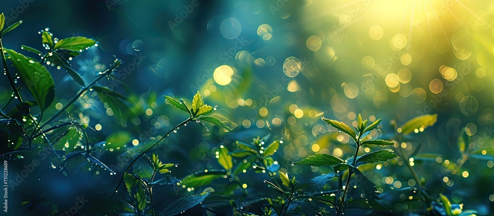 A close-up view of a plant with water droplets attached to its leaves and stems, reflecting light and glistening. The droplets appear like tiny jewels adorning the lush green foliage.