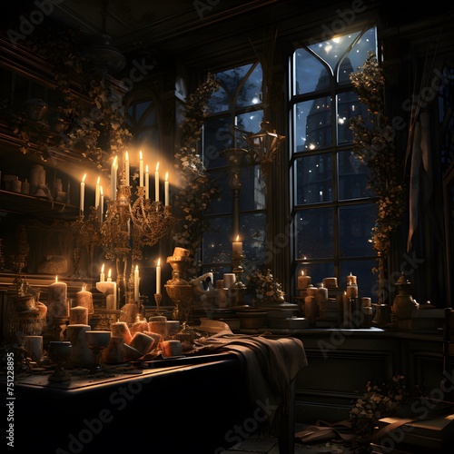 Interior of a medieval castle with candles in the foreground  3d render