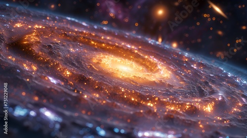 A view of the Andromeda galaxy from afar, its spiral arms are visible. 3D illustration