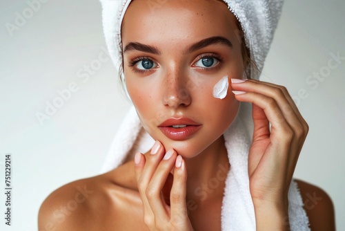 Young Woman Applying Facial Cream for Skin Care Routine Indoors