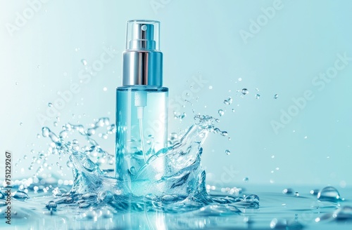 Transparent Cosmetic Spray Bottle Surrounded by Splashing Water on Blue Background
