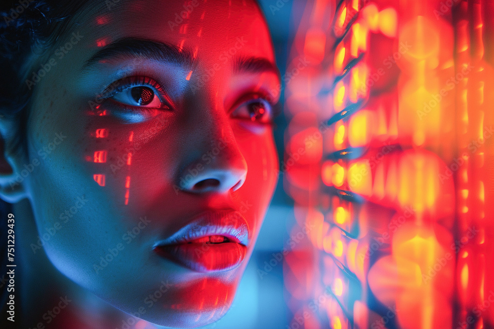 Womans Face Illuminated by Ethereal Digital Light Patterns in Close-Up View Womans Face Illuminated by Ethereal Digital Light Patterns in Close-Up View