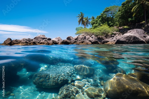 a rocky shore with trees and rocks under water