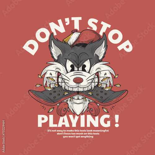 retro cartoon emblem of wolf biting a skateboard