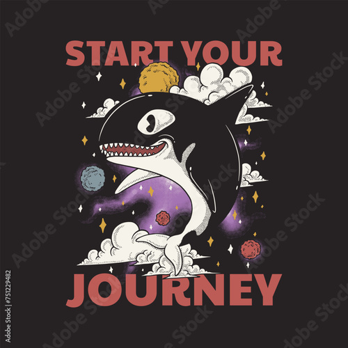 retro cartoon emblem of orca in th space