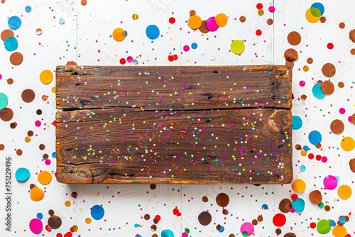 celebration captured in a single frame, with multicolored confetti suspended in mid-air over a rustic wooden table