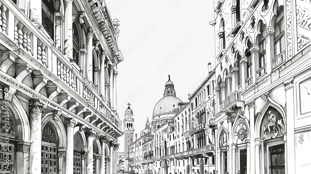 DRAWING OF HISTORICAL BUILDINGS OF VENICE ANCIENT ITAL