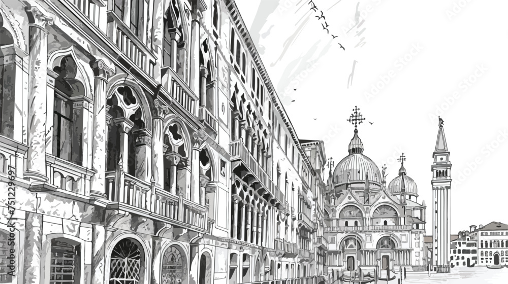 DRAWING OF HISTORICAL BUILDINGS OF VENICE ANCIENT ITAL
