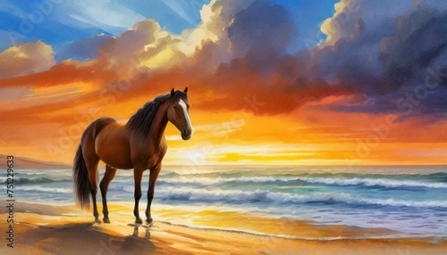 sunset in the desert, A brown horse standing on top of a sandy beach under a cloudy blue and orange sky with a sunset, Ai Generate