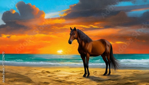 horse on the beach, A brown horse standing on top of a sandy beach under a cloudy blue and orange sky with a sunset, Ai Generate