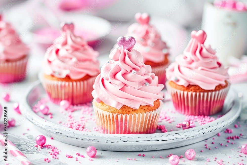 Handcrafted Vanilla Cupcakes Topped With Pink Frosting and Sprinkles