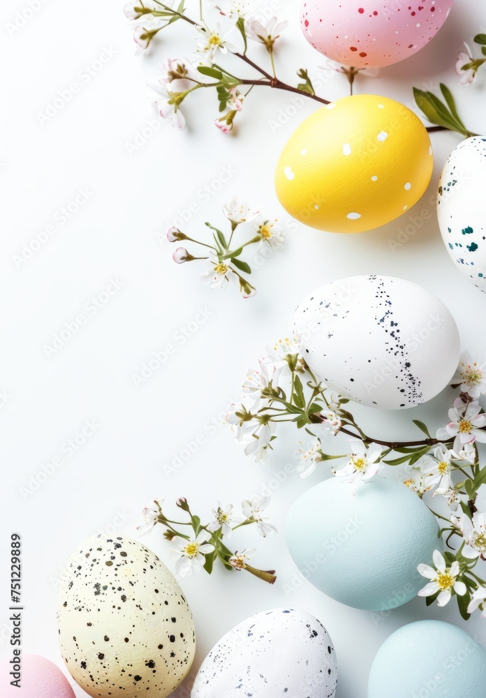 Colorful Easter Eggs and Spring Flowers on a Bright White Background Colorful Easter Eggs and Spring Flowers on a Bright White Background