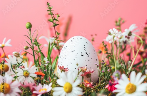 Speckled Easter Egg Nestled Among Spring Flowers on a Pink Background