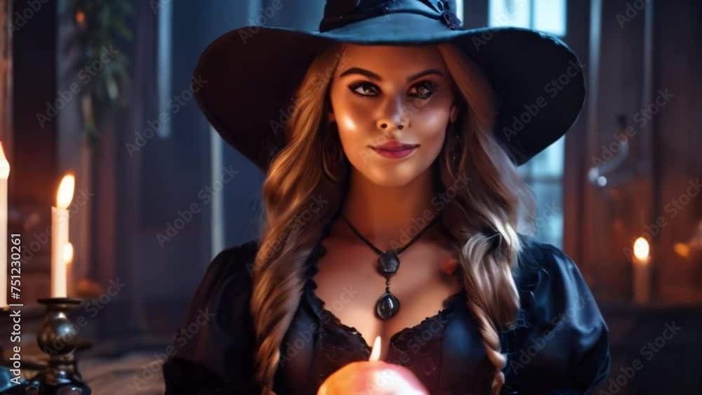 Charming witch with magic ball and candles
Charming witch with magic ball and candles