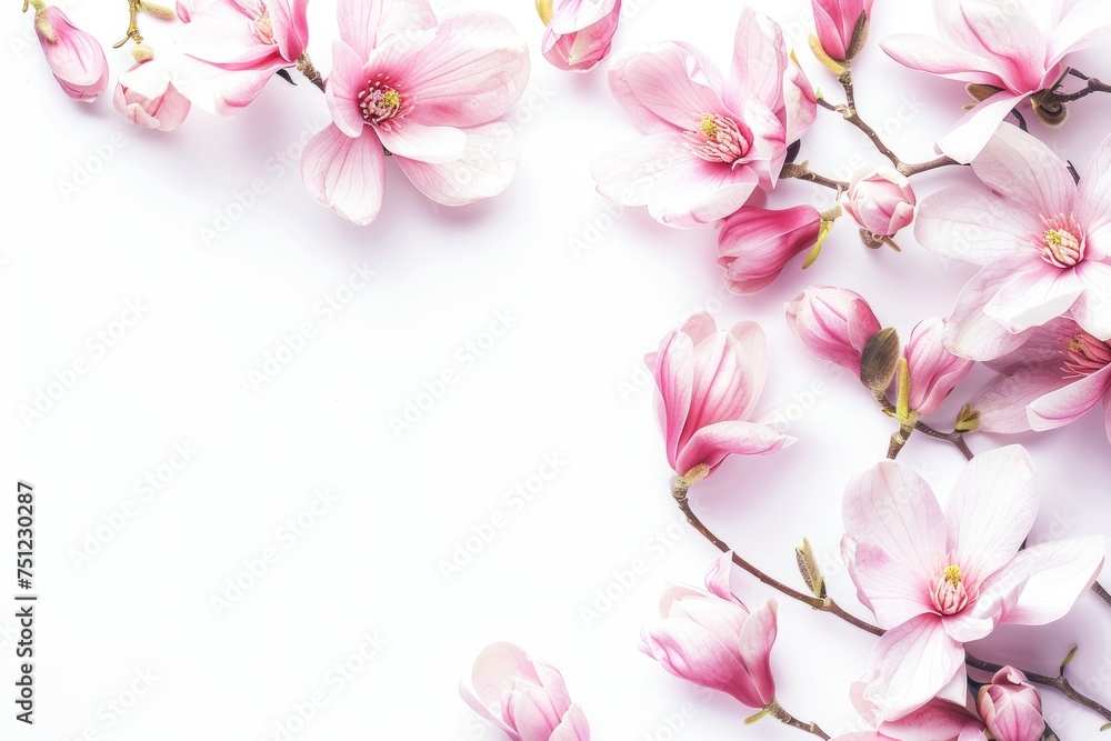 Fototapeta premium Blooming Magnolia Flowers Against a Bright White Background in Springtime