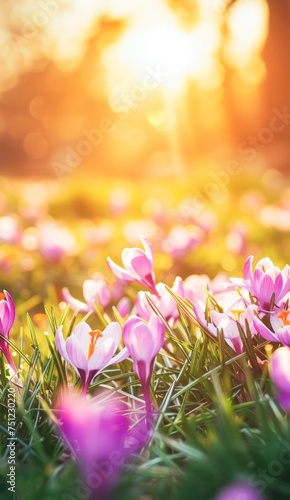 Purple Crocus Flowers Blooming in a Sunny Spring Field at Dawn