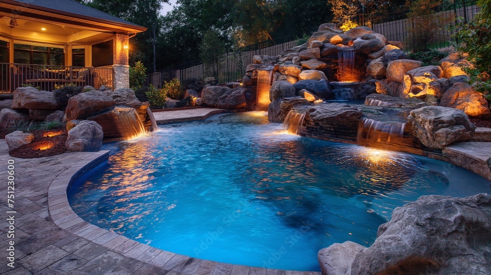 Evening elegance in a picturesque pool scene, where underwater lighting creates a captivating ambiance in this luxurious outdoor retreat