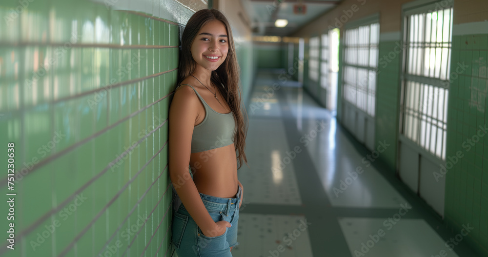 Smiling girl leaning against a green-tiled wall in a sunlit school corridor.